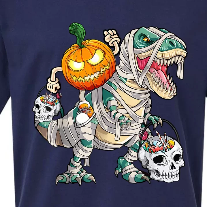 Pumpkin Riding Mummy Dinosaur T Rex Halloween Funny Skeleton Sueded Cloud Jersey T-Shirt