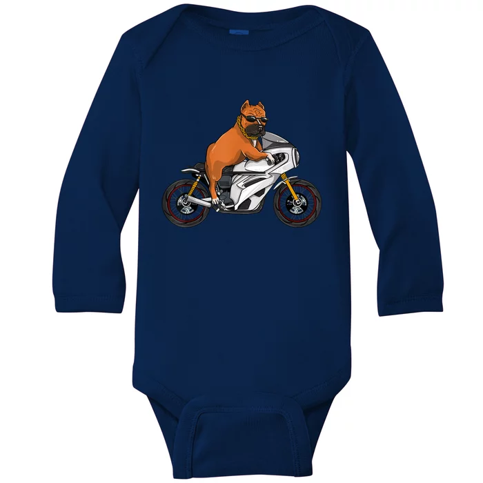 Pitbull Riding Motorcycle Funny Pit Bull Biker Pittie Dog Baby Long Sleeve Bodysuit