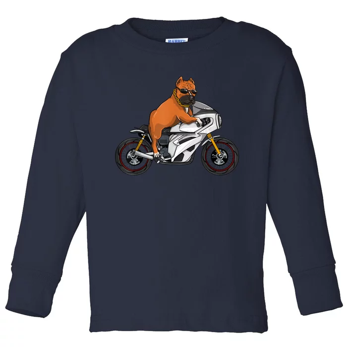 Pitbull Riding Motorcycle Funny Pit Bull Biker Pittie Dog Toddler Long Sleeve Shirt