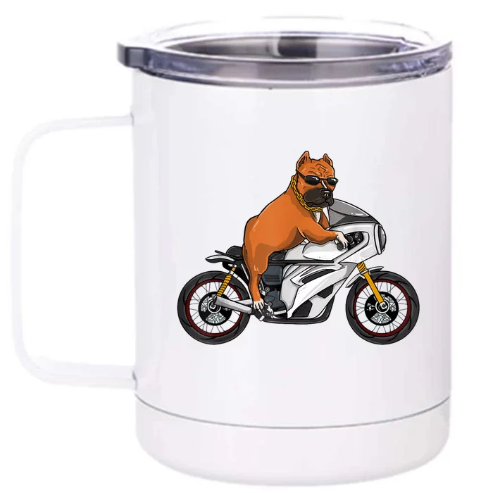 Pitbull Riding Motorcycle Funny Pit Bull Biker Pittie Dog Front & Back 12oz Stainless Steel Tumbler Cup