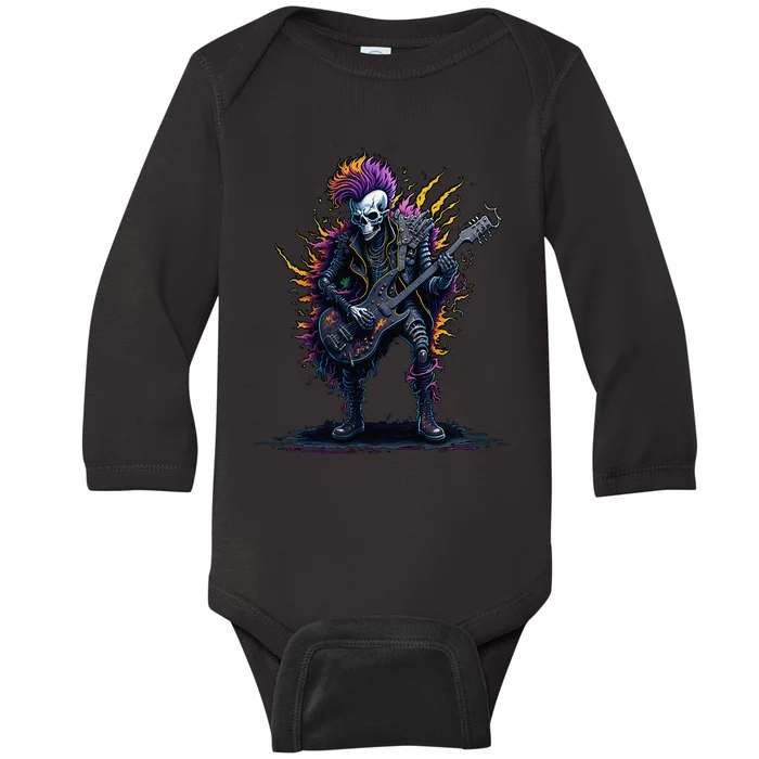 Punk rock n roll skeleton Baby Long Sleeve Bodysuit