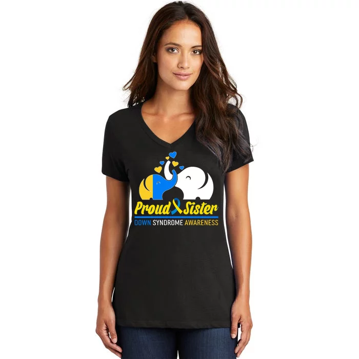 Proud Sister Down Syndrome Awareness Elephants Women's V-Neck T-Shirt