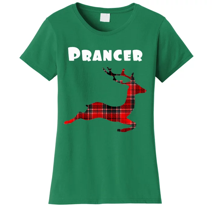 Prancer Red Plaid Reindeer Christmas Holiday Women's T-Shirt