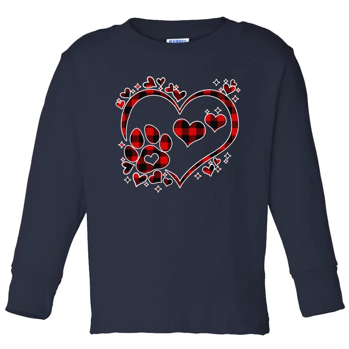 Paw Red Plaid Print Heart Cute Dog Cat Lover Valentines Day Toddler Long Sleeve Shirt