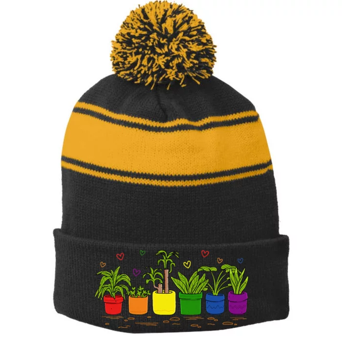 Pride Rainbow Plant Life Lgbtq Ally Design Stripe Pom Pom Beanie