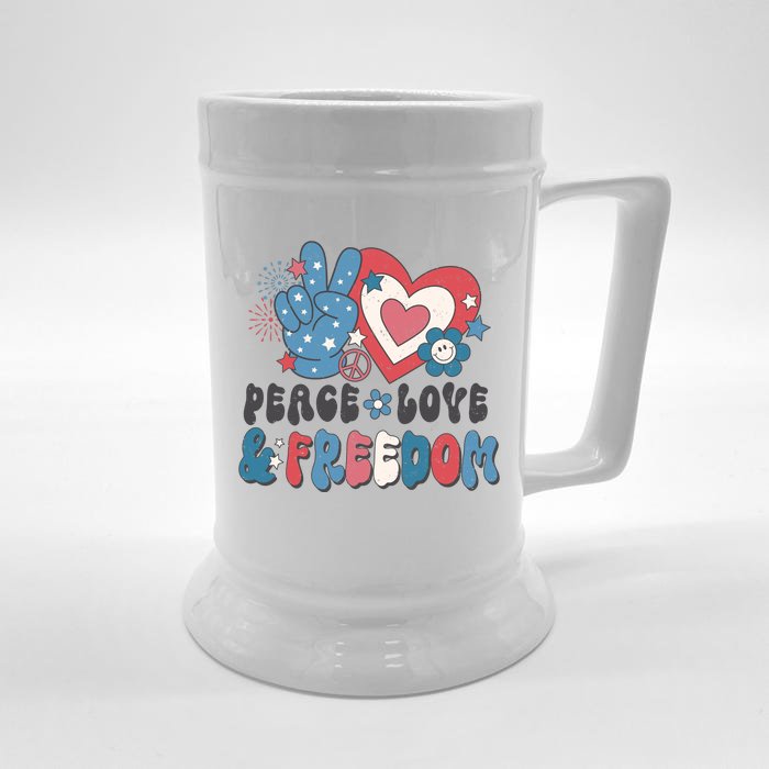 Patriotic Retro Peace Love Freedom USA Flag 4th Of July Gift Front & Back Beer Stein