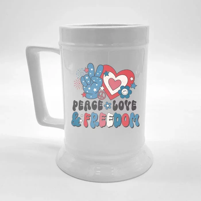 Patriotic Retro Peace Love Freedom USA Flag 4th Of July Gift Front & Back Beer Stein