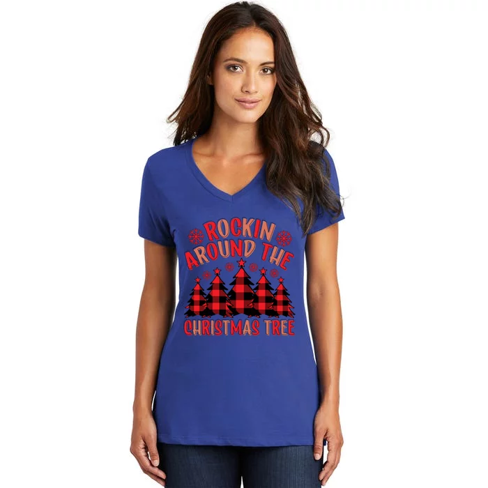 Plaid Retro Rockin Around The Christmas Tree Gift Women's V-Neck T-Shirt