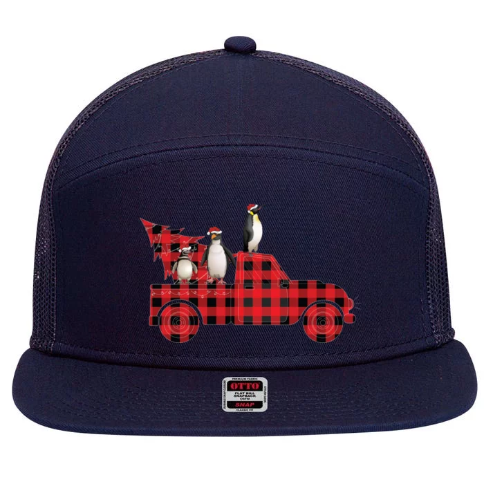 Penguin Riding Red Pajama Tree Truck Funny Penguin Christmas Gift 7 Panel Mesh Trucker Snapback Hat