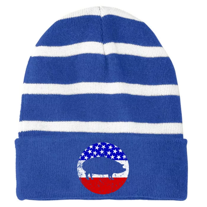 Pig Roast Retro Style Bbq Cookout American Flag Cute Gift Striped Beanie with Solid Band