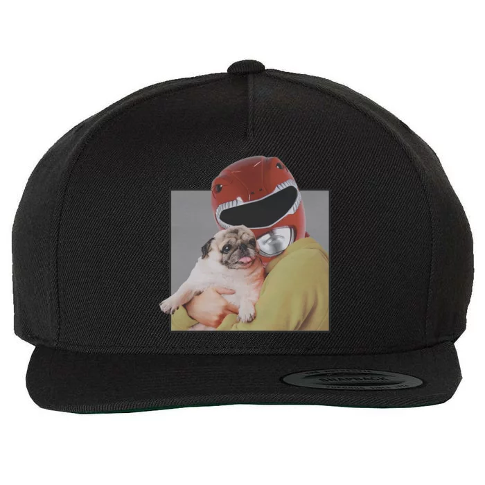 Power Rangers Red Ranger Cuddling A Pug Wool Snapback Cap