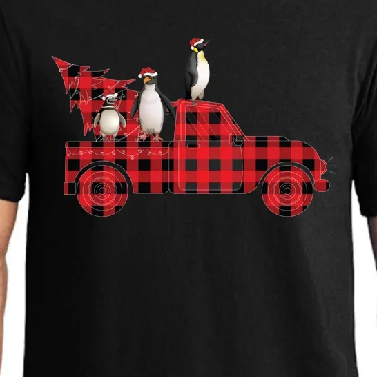 Penguin Riding Red Pajama Tree Truck Funny Penguin Christmas Cute Gift Pajama Set