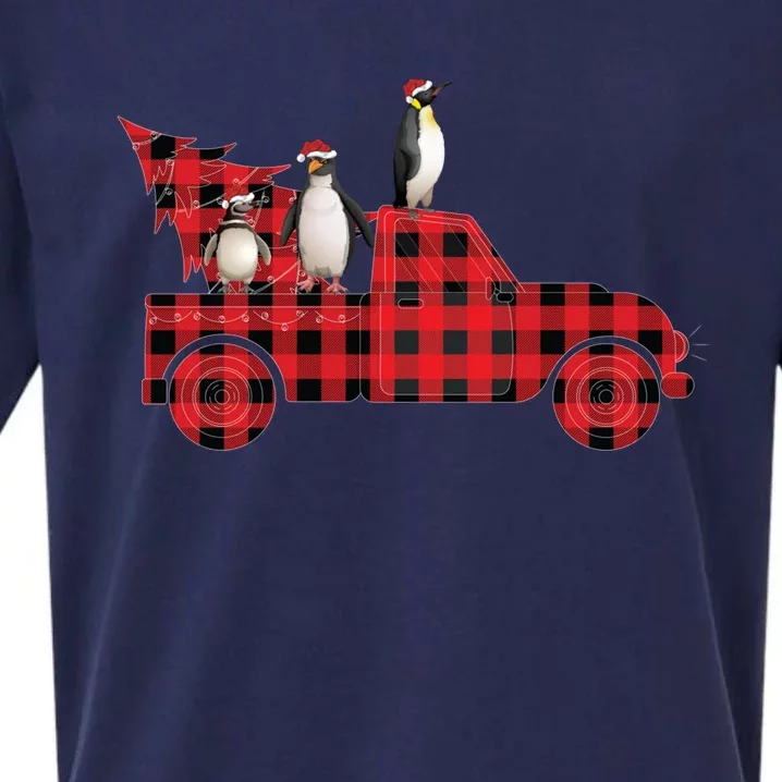 Penguin Riding Red Pajama Tree Truck Funny Penguin Christmas Cute Gift Sueded Cloud Jersey T-Shirt