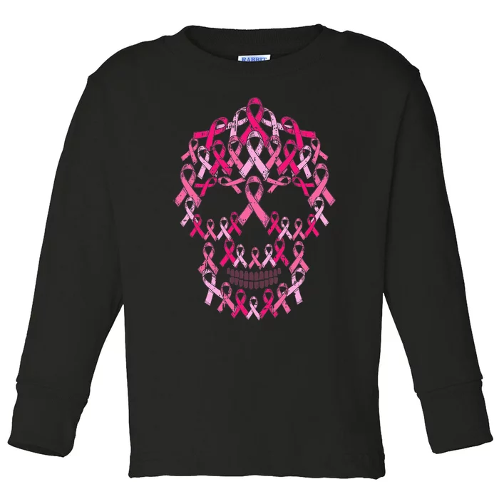 Pink Ribbon Skull Costume Cool Halloween Breast Cancer Gifts Toddler Long Sleeve Shirt