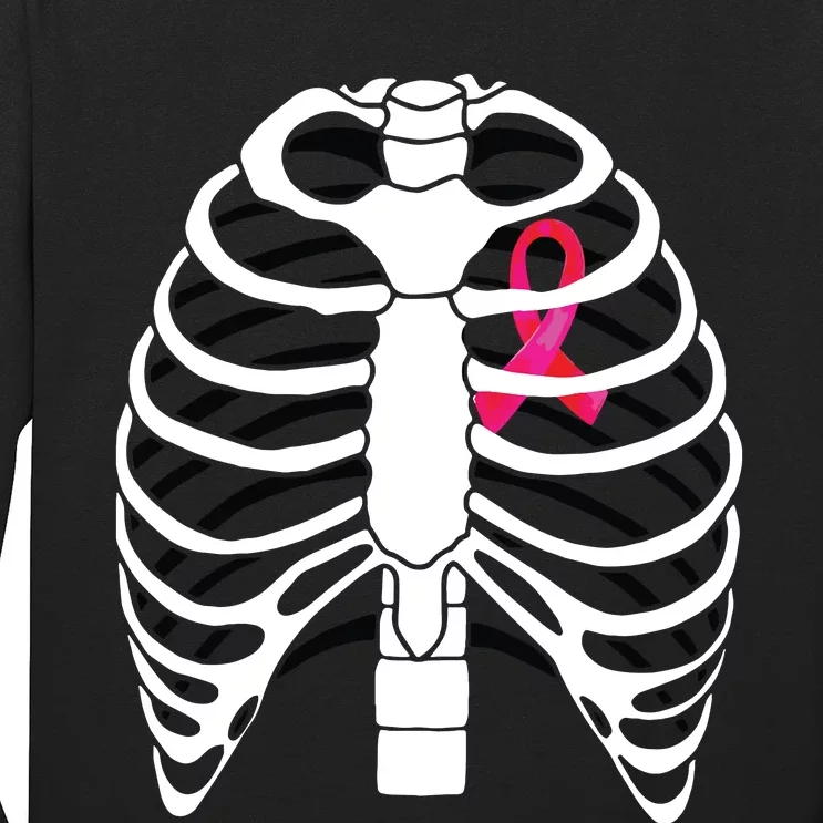 Pink Ribbon Skeleton Chest Breast Cancer Awareness Halloween Long Sleeve Shirt