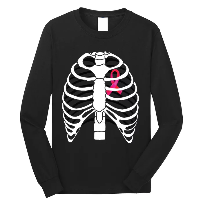 Pink Ribbon Skeleton Chest Breast Cancer Awareness Halloween Long Sleeve Shirt