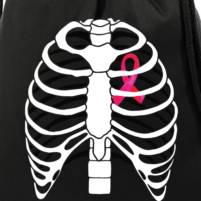 Pink Ribbon Skeleton Chest Breast Cancer Awareness Halloween Drawstring Bag