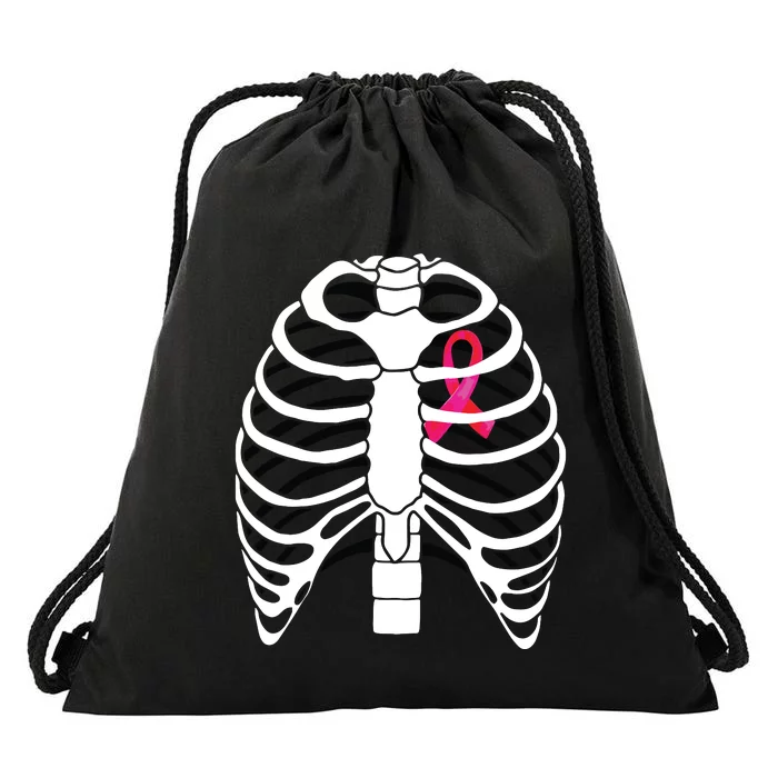 Pink Ribbon Skeleton Chest Breast Cancer Awareness Halloween Drawstring Bag