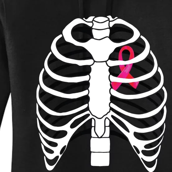 Pink Ribbon Skeleton Chest Breast Cancer Awareness Halloween Women's Pullover Hoodie