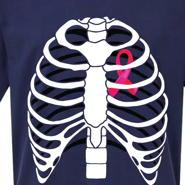 Pink Ribbon Skeleton Chest Breast Cancer Awareness Halloween Sueded Cloud Jersey T-Shirt