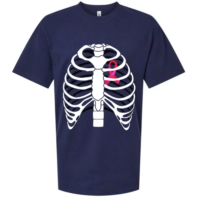 Pink Ribbon Skeleton Chest Breast Cancer Awareness Halloween Sueded Cloud Jersey T-Shirt