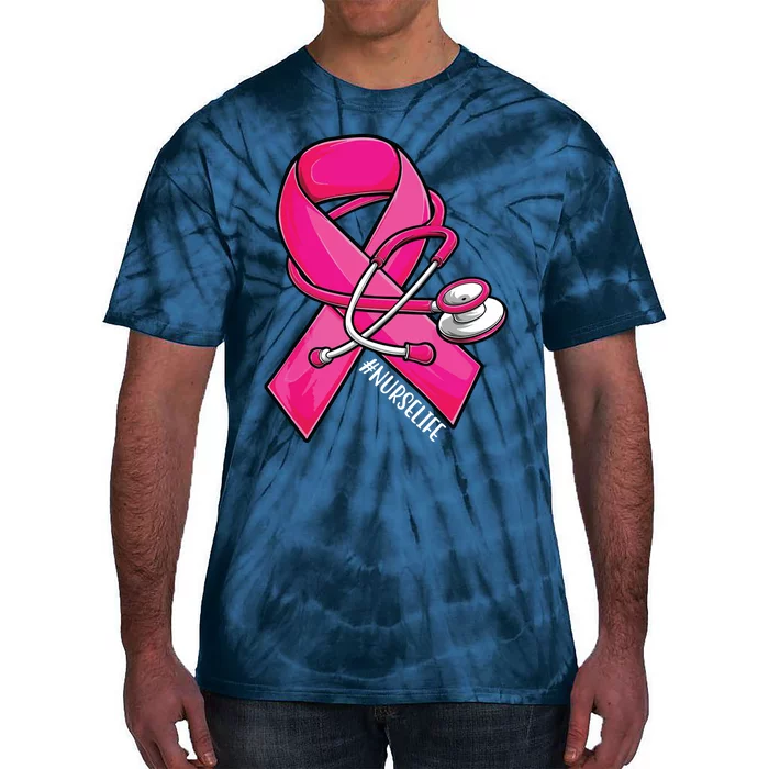 Pink Ribbon Stethoscope Nurse Life Breast Cancer Awareness Tie-Dye T-Shirt