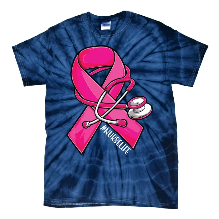 Pink Ribbon Stethoscope Nurse Life Breast Cancer Awareness Tie-Dye T-Shirt