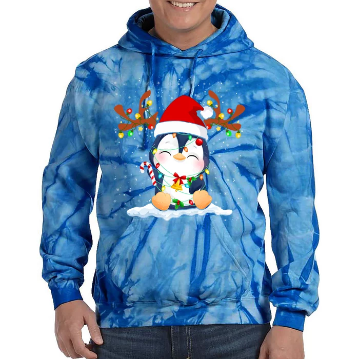 Penguin Reindeer Santa Hat Xmas Lights Gift Penguin Lover Gift Tie Dye Hoodie