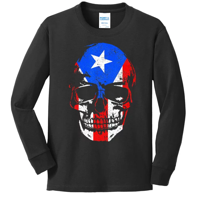 Puerto Rico Skull Boricua Puerto Rican Flag Pride Taino Kids Long Sleeve Shirt