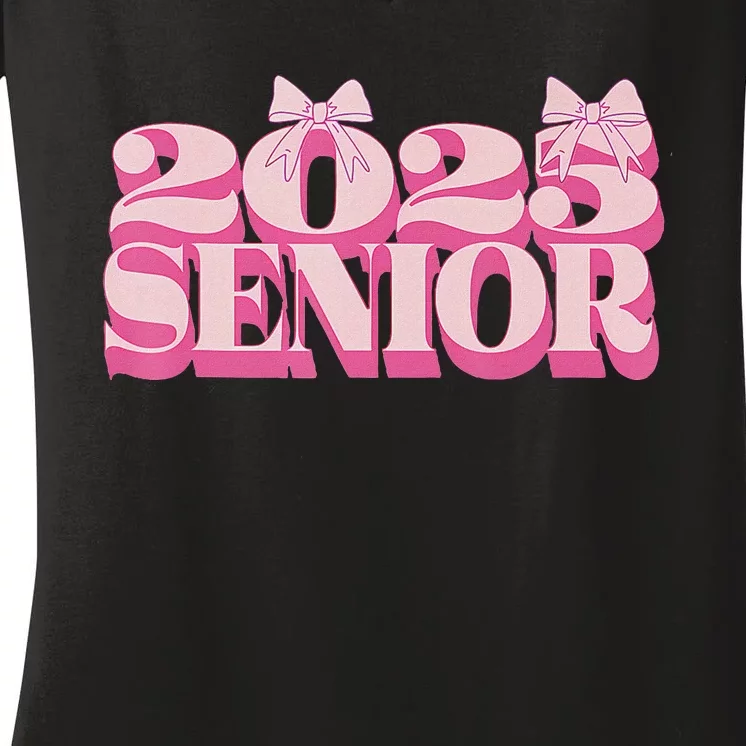 Pink Retro Senior 2025 Coquette Bow Graduation Class Of 2025 Women's V-Neck T-Shirt