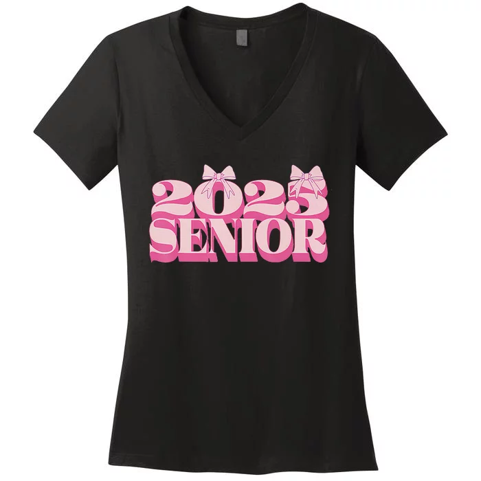 Pink Retro Senior 2025 Coquette Bow Graduation Class Of 2025 Women's V-Neck T-Shirt