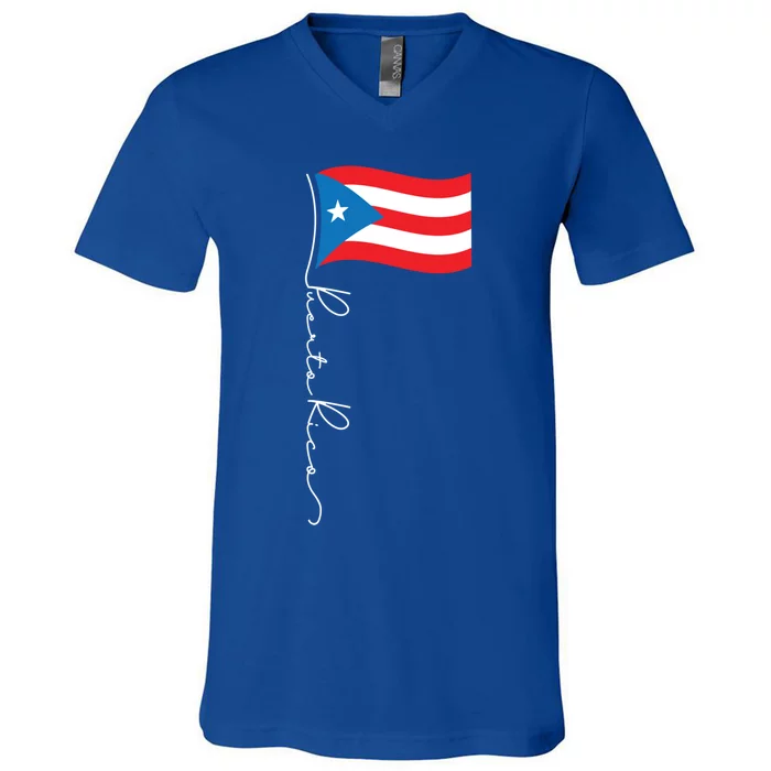 Puerto Rico Signature Flag Pole Cool Gift Patriotic Puerto Rican Gift V-Neck T-Shirt