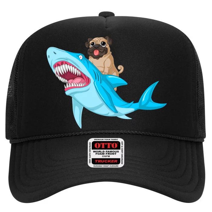 Pug Riding Shark High Crown Mesh Trucker Hat