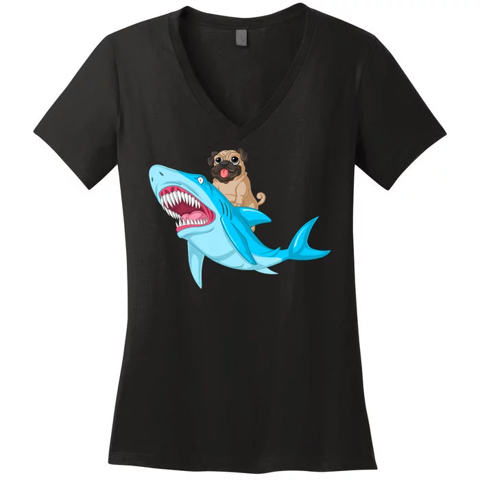 Pug Riding Shark Women's V-Neck T-Shirt