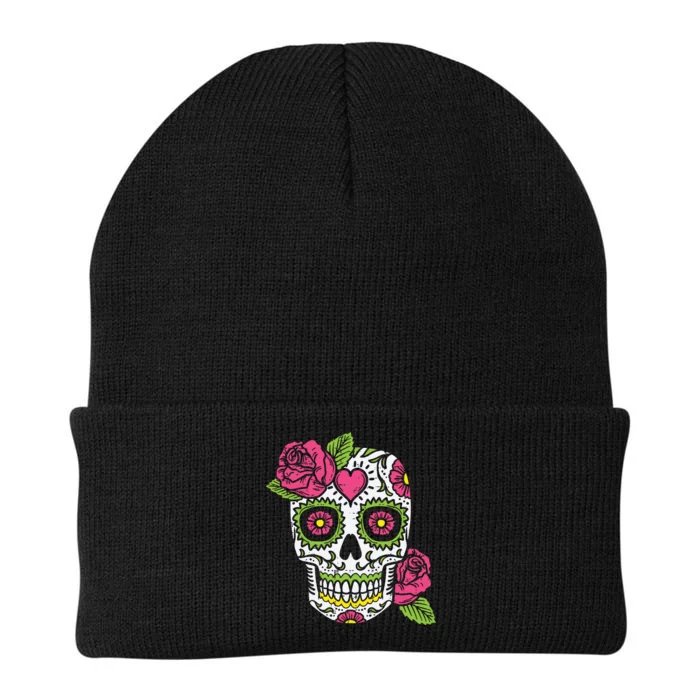 Pink Rose Sugar Skull Dia De Los Muertos Mexican Halloween Knit Cap Winter Beanie