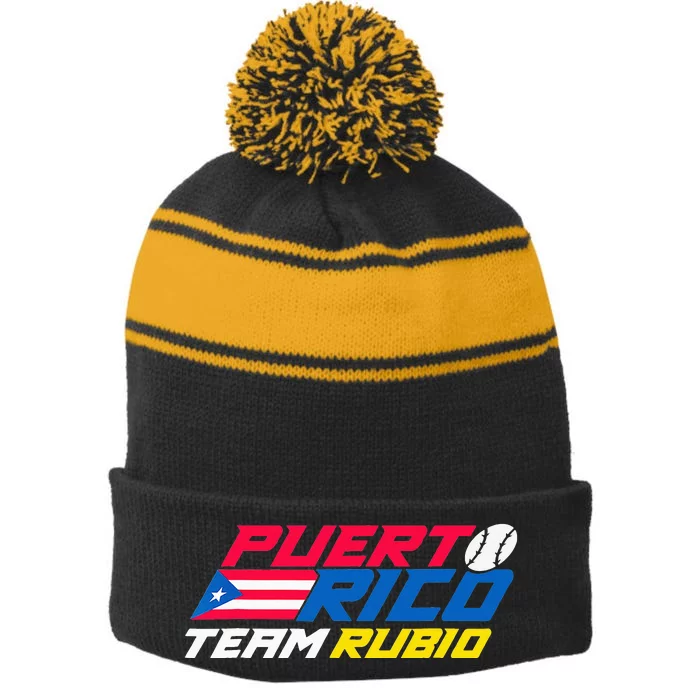 Puerto Rico - Team Rubio - Baseball Flag Stripe Pom Pom Beanie