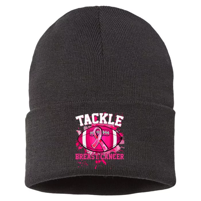 Pink Ribbon Tackle Football Breast Cancer Awareness Gift Sustainable Knit Beanie