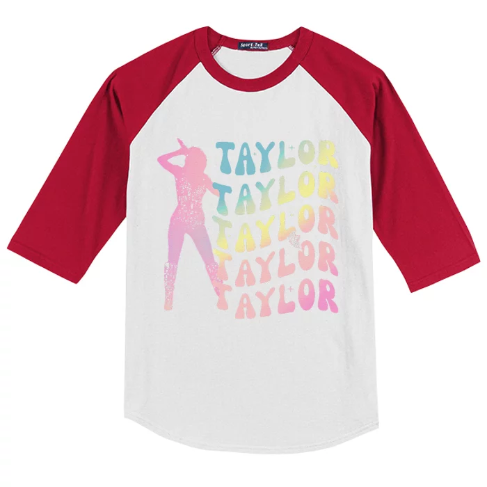 Personalized Retro Taylor First Name Groovy Birthday Kids Colorblock Raglan Jersey