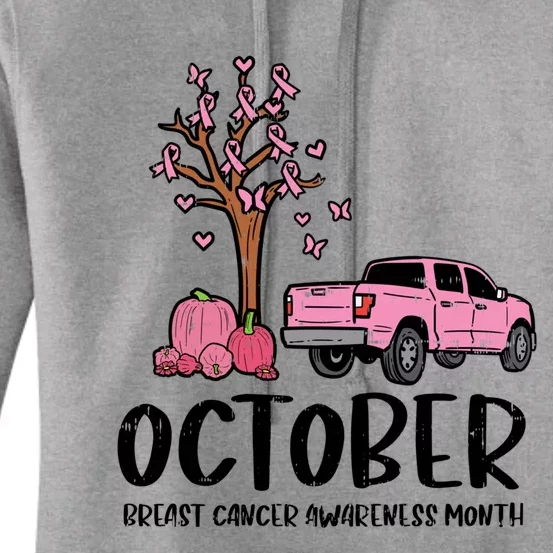 Pink Ribbon Tree Truck October Pumpkin Breast Cancer Gift Great Gift Women's Pullover Hoodie