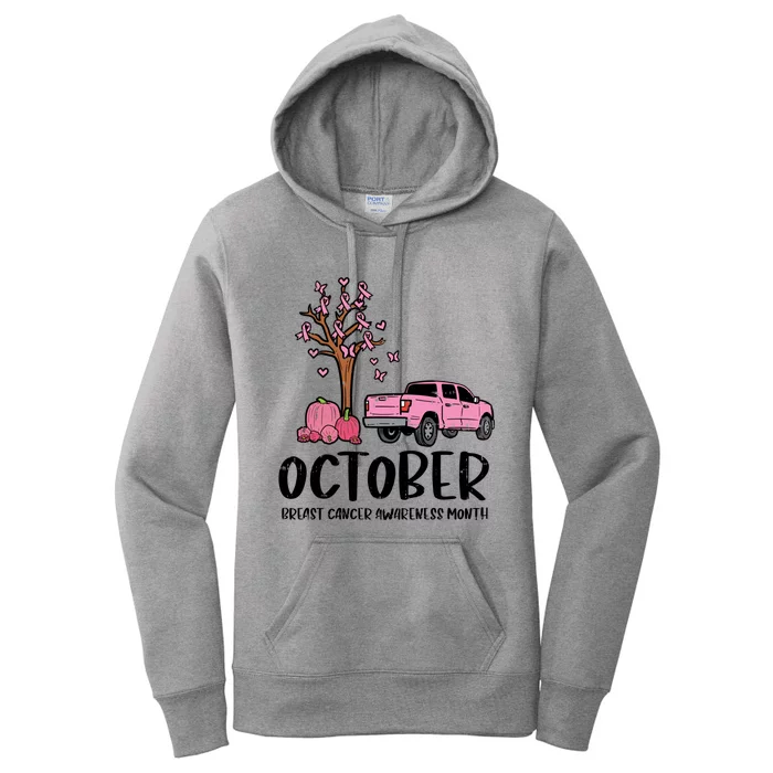 Pink Ribbon Tree Truck October Pumpkin Breast Cancer Gift Great Gift Women's Pullover Hoodie