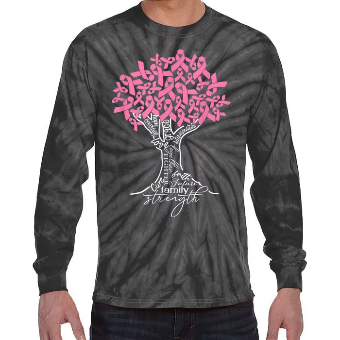 Pink Ribbon Tree Breast Cancer Fighter Tie-Dye Long Sleeve Shirt