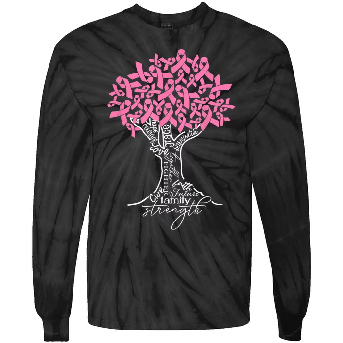 Pink Ribbon Tree Breast Cancer Fighter Tie-Dye Long Sleeve Shirt