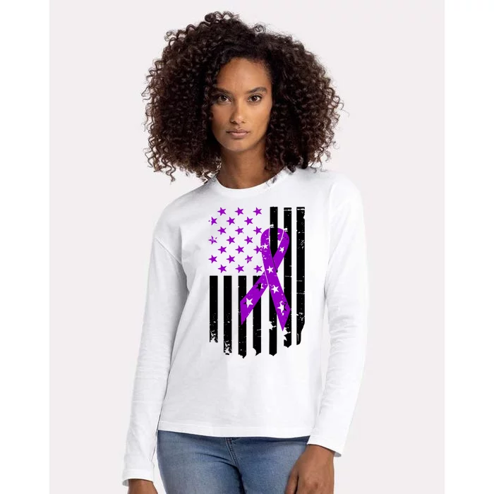 Purple Ribbon US Flag Epileptic Epilepsy Awareness Month Womens Cotton Relaxed Long Sleeve T-Shirt