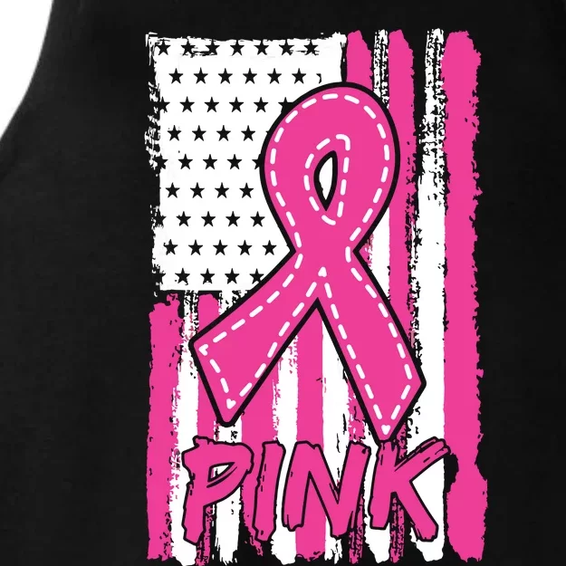 Pink Ribbon Us American Flag Breast Cancer Awareness Ladies Tri-Blend Wicking Tank