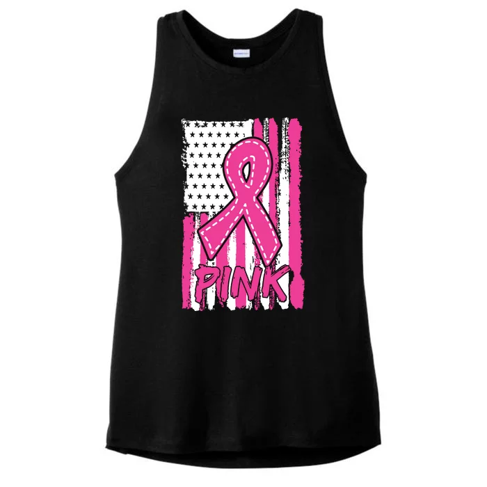 Pink Ribbon Us American Flag Breast Cancer Awareness Ladies Tri-Blend Wicking Tank