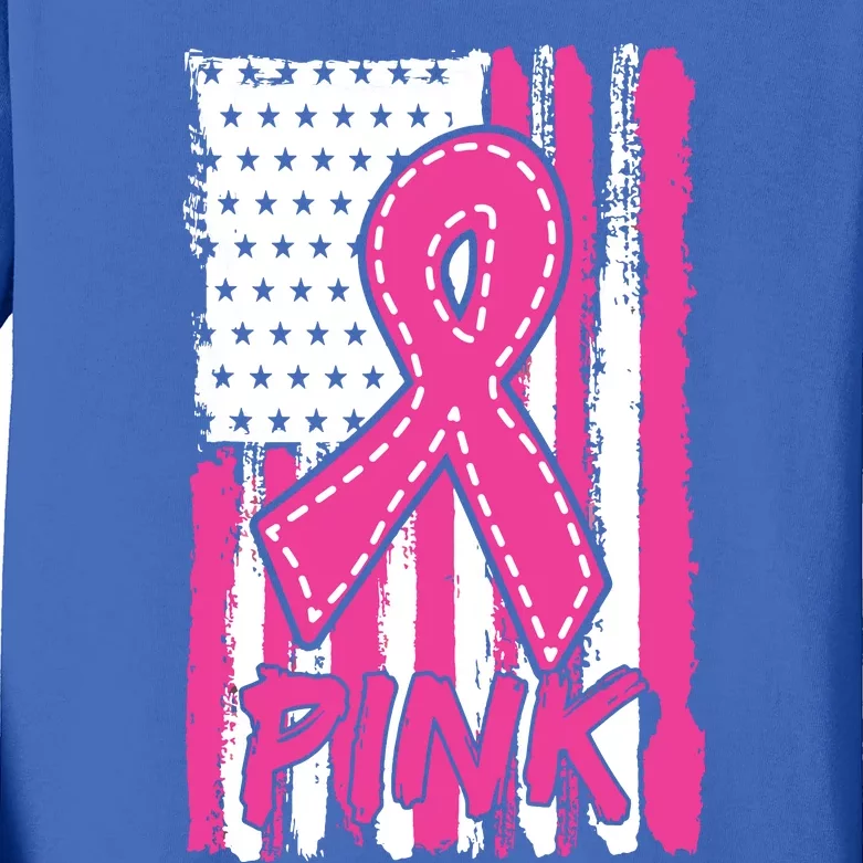 Pink Ribbon Us American Flag Breast Cancer Awareness Kids Long Sleeve Shirt