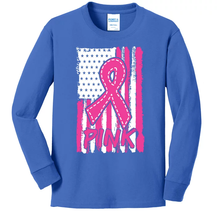 Pink Ribbon Us American Flag Breast Cancer Awareness Kids Long Sleeve Shirt