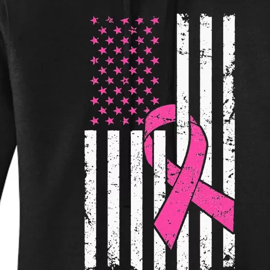 Pink Ribbon USA American Flag Breast Cancer Prevention Women's Pullover Hoodie