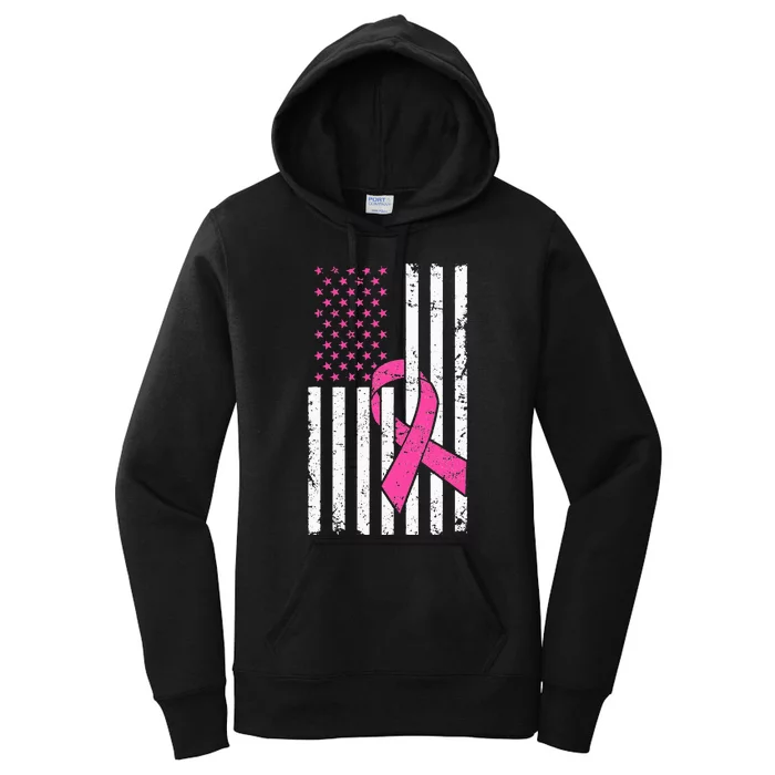 Pink Ribbon USA American Flag Breast Cancer Prevention Women's Pullover Hoodie