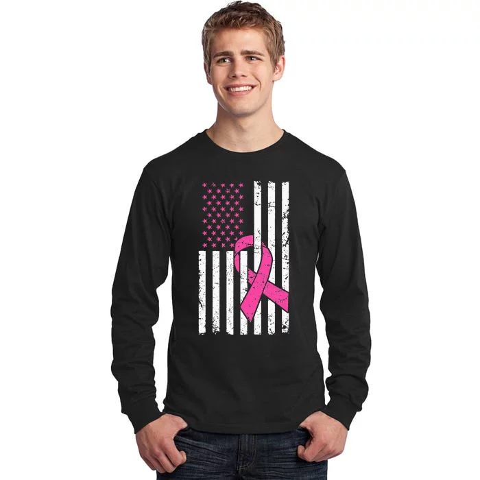 Pink Ribbon USA American Flag Breast Cancer Prevention Tall Long Sleeve T-Shirt